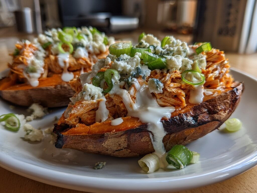 Buffalo Chicken Sweet Potatoes