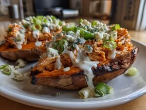 Buffalo Chicken Sweet Potatoes