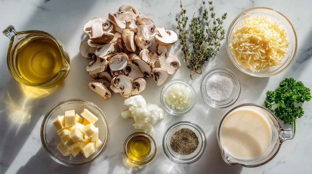Fresh ingredients for Creamy Mushroom Pasta